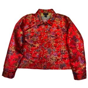 Spenser Jeremy Red Floral Brocade Asian Inspired Metallic Satin Jacket Size XL